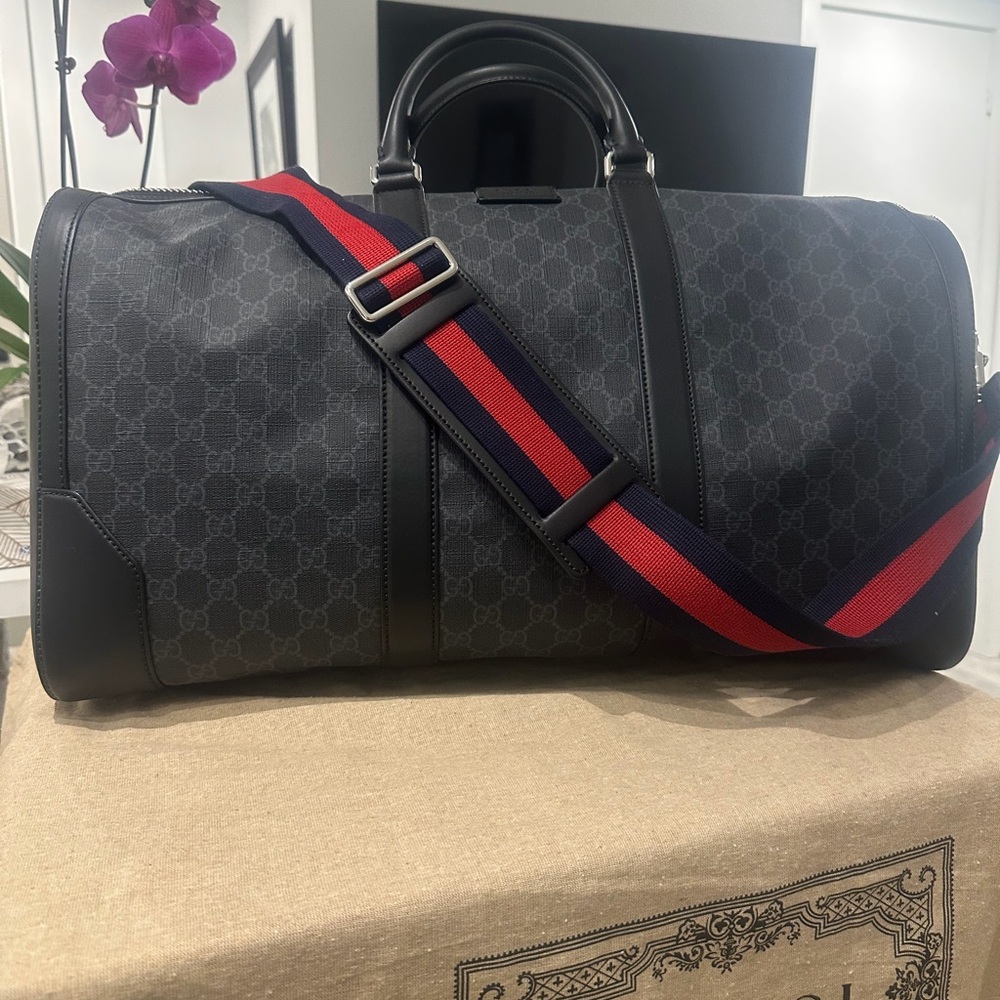 Gucci Black Duffel Bag with Red and Blue Accent Strap